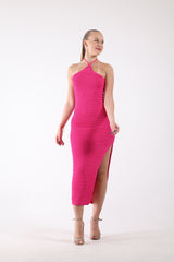 Halter Bodycon Midi Dress Hot Pink