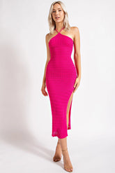 Halter Bodycon Midi Dress Hot Pink
