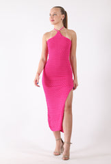 Halter Bodycon Midi Dress Hot Pink