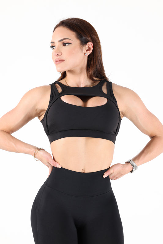 Cut front Black Sports Bra